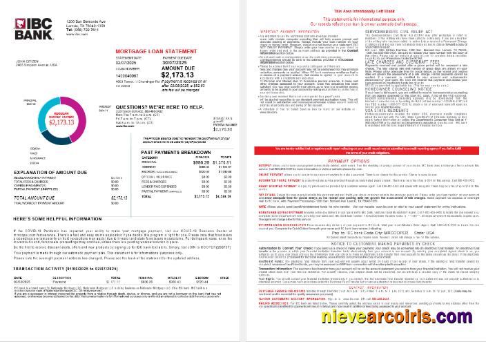 USA Texas IBC bank mortgage loan statement, 4 pages 1-2